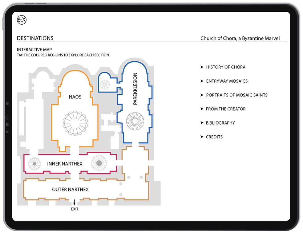 Interactive floor plan of Chora Church (Kariye) showing the Naos, Narthex, and Parekklesion