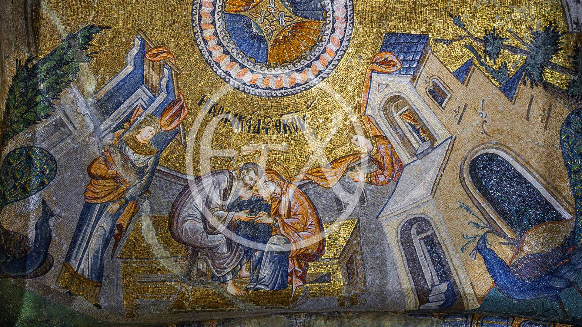 Tender Byzantine mosaic of Joachim and Anna with the young Virgin Mary - Εκκλησία της Χώρας, Η Παρθένος που παρακολουθείται από τους γονείς της