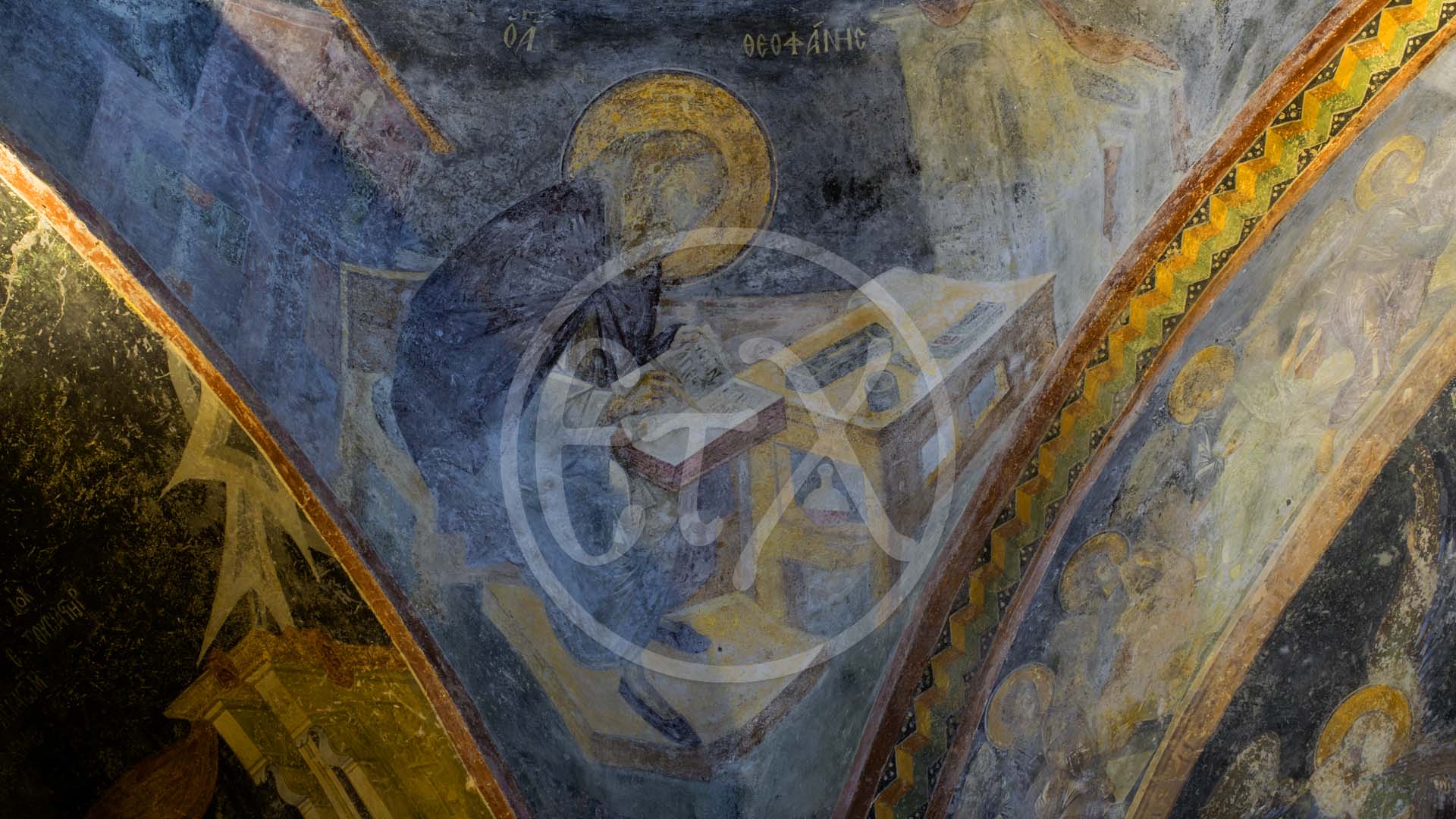 Fresco of St. Theophanes the Hymnographer seated at a writing desk in the Chora Church Parekklesion - Ιερά Μονή της Χώρας Παρεκκλήσιον Τοιχογραφίες, Ο Άγιος Θεοφάνης ο Υμνογράφος